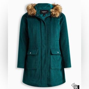 Green Wool Zip Front Faux Fur Trim Coat - NWT!